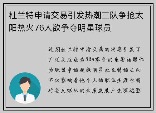 杜兰特申请交易引发热潮三队争抢太阳热火76人欲争夺明星球员